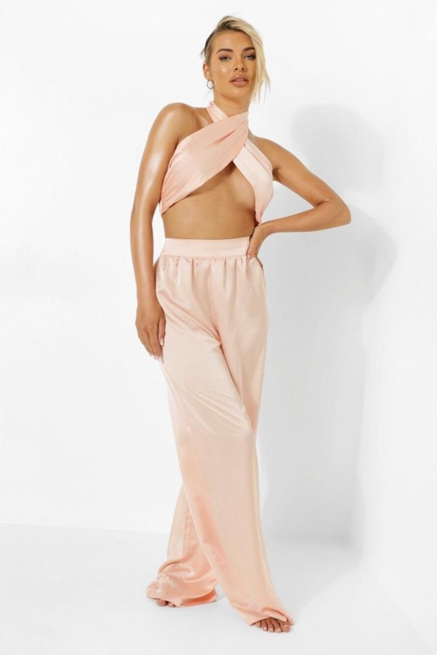 NWT Sz.2 Top & Sz.4 Pants BooHoo Satin Wide-Leg Resortwear Champagne Beach